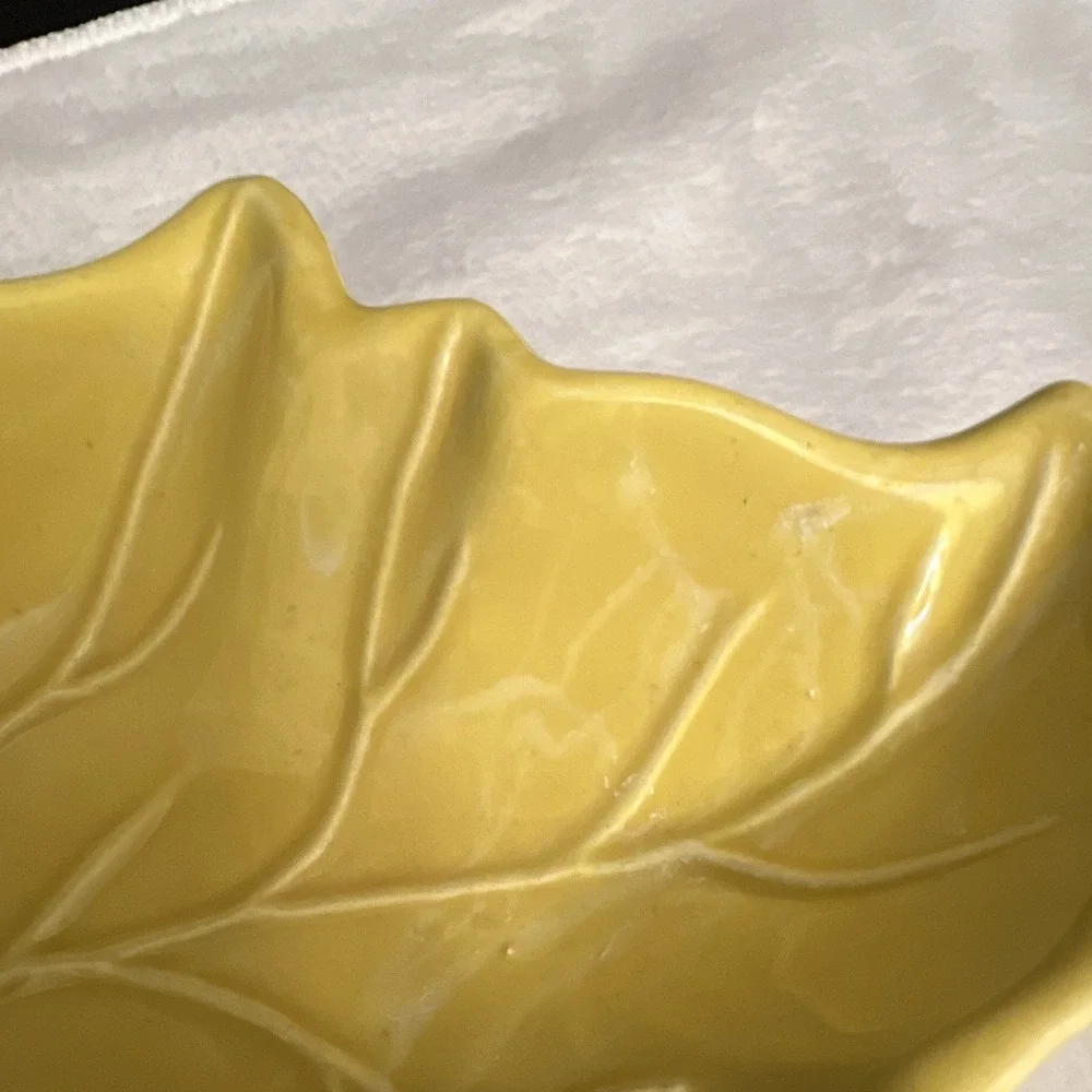 Vintage Yellow Leaf Divided Ceramic Serving Tray w/ Metal Handle USA MCM
